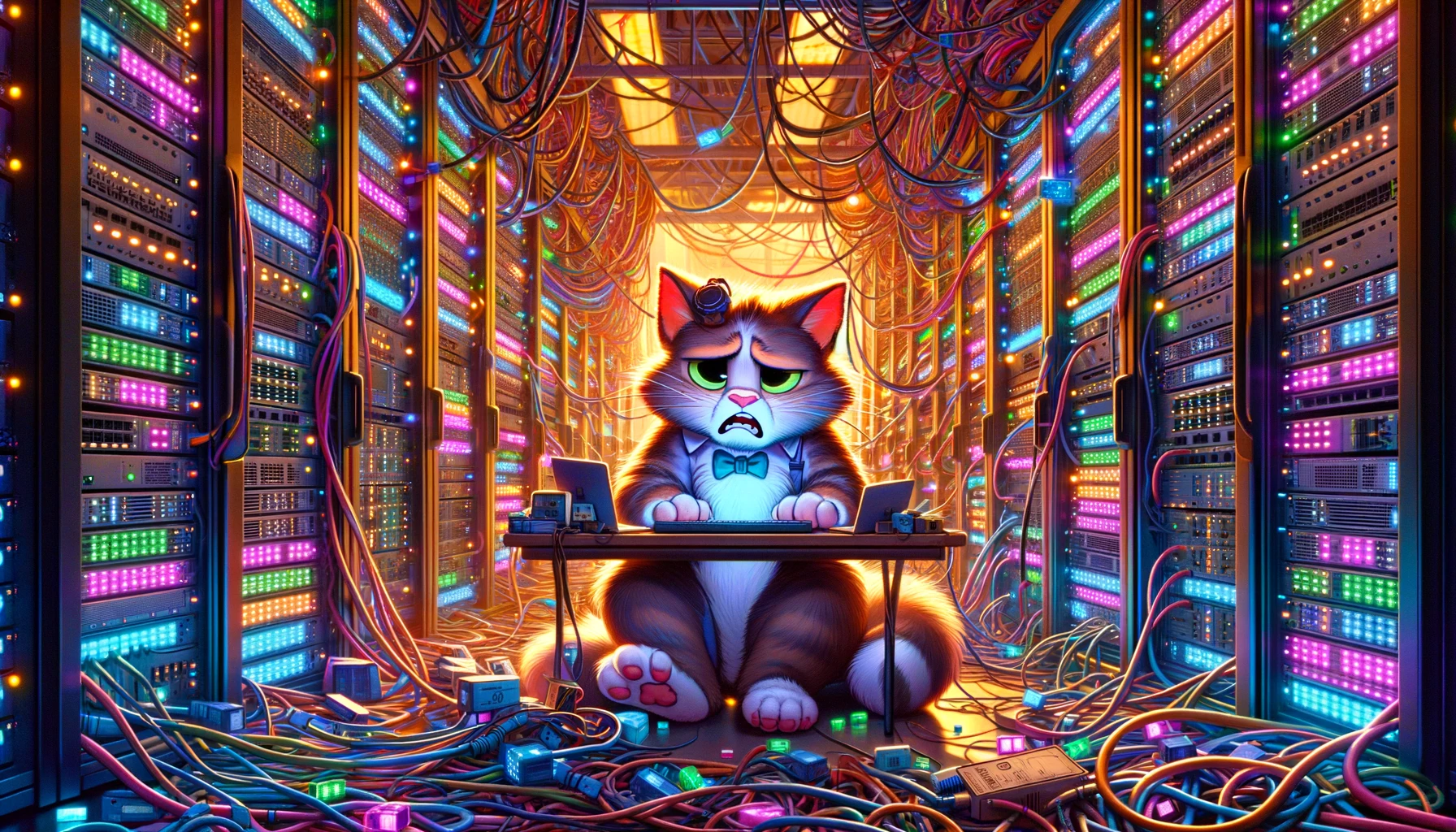 an image containing a datacenter and a frustrated cat dealing with all the bytes in