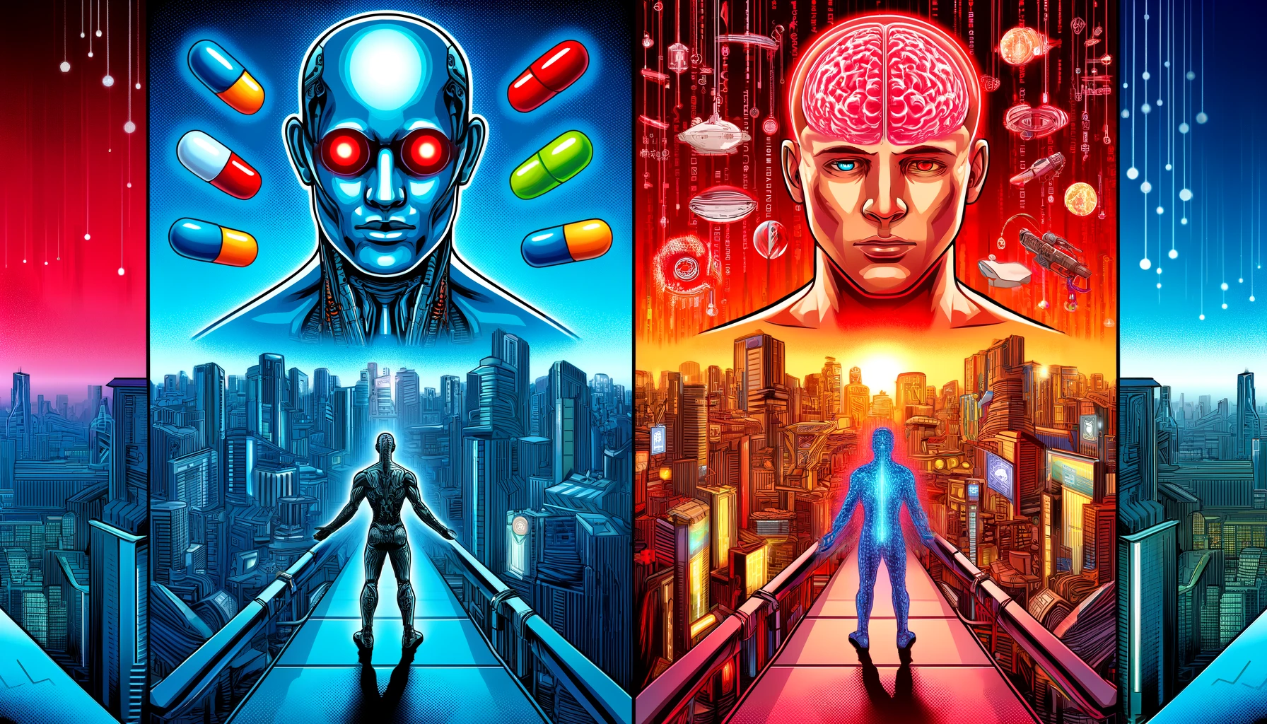 A comic-style, wide image contrasting Artificial General Intelligence (AGI) and Augmented Human Intelligence (AHI). On the left, depict AGI as a humanoid robot, symbolizing autonomy and cold intelligence, with a futuristic city background. On the right, show a human with augmented brain capabilities, symbolizing AHI, connected to advanced technology and interfaces, with a vibrant, high-tech cityscape. In the center, Morpheus from 'The Matrix' stands, offering a red pill and a blue pill, symbolizing the choice between AHI and AGI, creating a striking visual metaphor for the decision between these two paths of technological evolution.