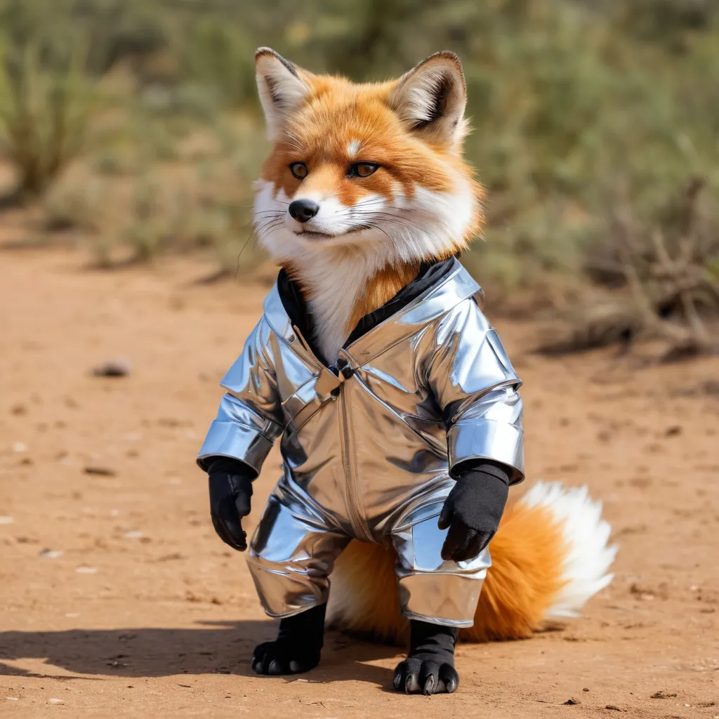 a firefox wearing chrome outfit, on a safari being brave SDXL
