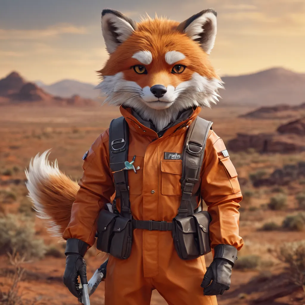 a firefox wearing chrome outfit, on a safari being brave Tara V0.1