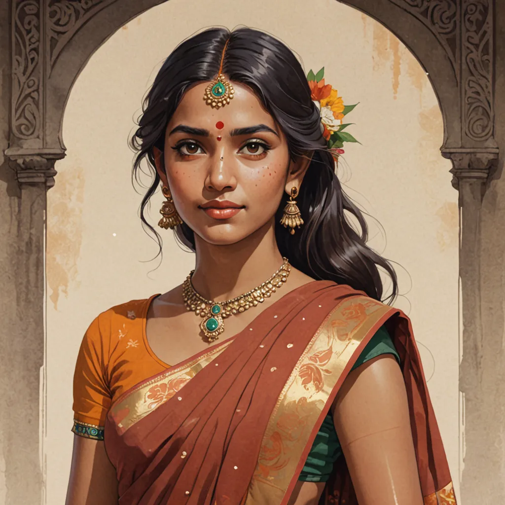 portrait of an empowered beautiful indian lady wearing saree and bindi, illustrated in the style of Studio Ghibli SDXL