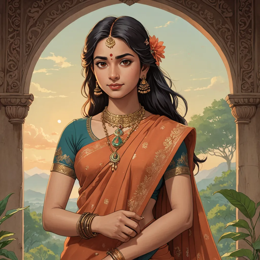 portrait of an empowered beautiful indian lady wearing saree and bindi, illustrated in the style of Studio Ghibli Tara V0.1